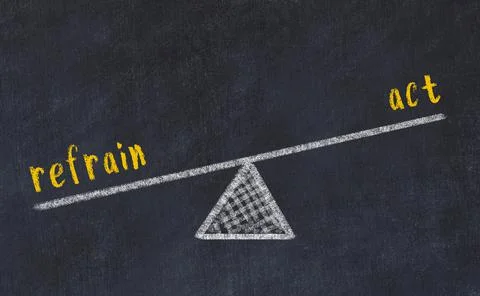 Concept of balance between refrain and act. Black chalboard with sketch of sc Stock Photos