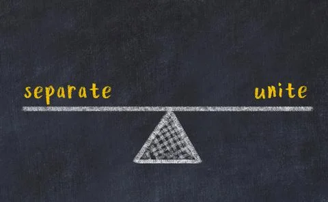 Concept of balance between separate and unite. Black chalboard with sketch of Stock Photos