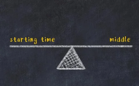 Concept of balance between starting time and middle. Black chalboard with ske Foto stock