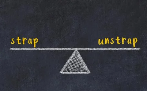 Concept of balance between strap and unstrap. Black chalboard with sketch of  Фото