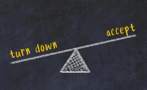 Concept of balance between turn down and accept. Black chalboard with sketch  Stock Illustration