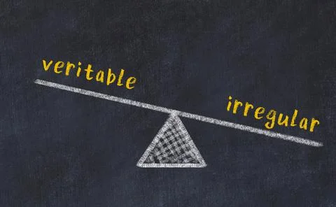 Concept of balance between veritable and irregular. Black chalboard with sket 스톡 사진