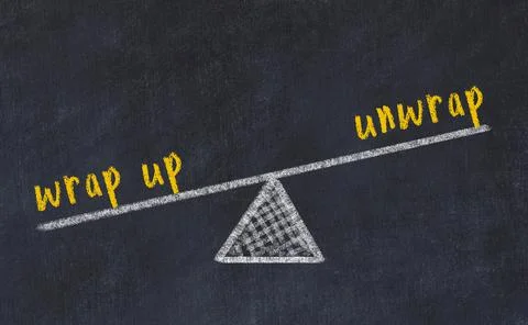 Concept of balance between wrap up and unwrap. Black chalboard with sketch of Stock Photos