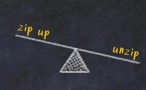 Concept of balance between zip up and unzip. Black chalboard with sketch of s Stock Photos