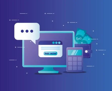 Concept of bank online with computer desktop and icons Illustrazione stock