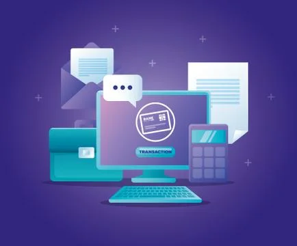 Concept of bank online with computer desktop and icons Illustrazione stock