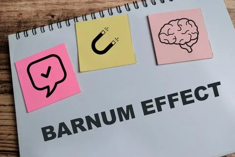 Concept of Barnum effect write on book isolated on Wooden Table. Stock Photos