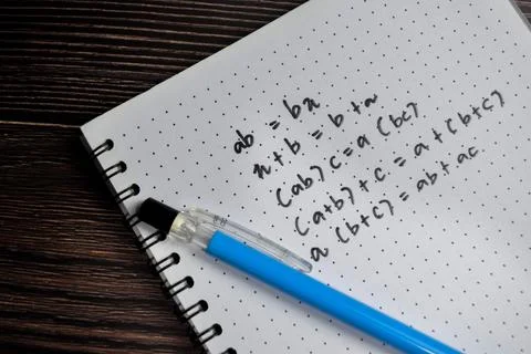 Concept of basic math operation write on book isolated on Wooden Table. Stock Photos