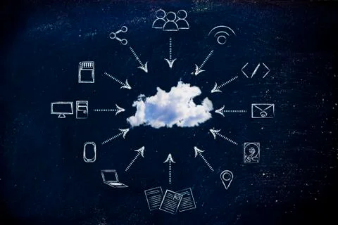 Concept of big data and cloud computing: real cloud and technology devices il Stock Illustration
