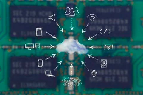 Concept of big data and cloud computing: real cloud and technology devices il Stock Illustration
