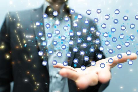 Concept of big data cloud -  digital 3d icons of connected files floating over a Stock Photos