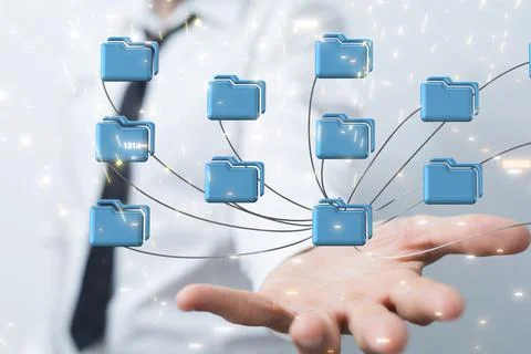 Concept of big data cloud -  digital 3d icons of connected files floating over a Stock Photos