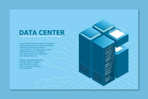 Concept of big data processing center. Isometric Data center. Isometric serve Stock Illustration