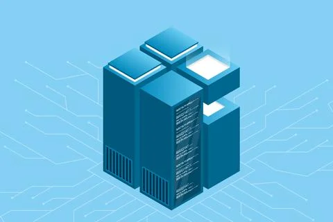 Concept of big data processing center. Isometric Data center. Isometric serve Stock Illustration