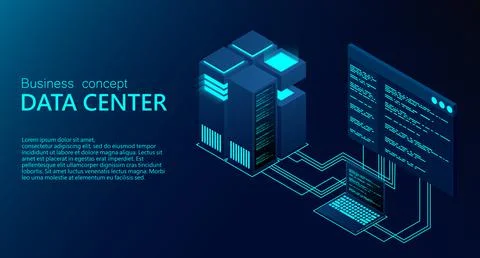 Concept of big data processing center. Isometric Data center. Isometric serve Stock Illustration