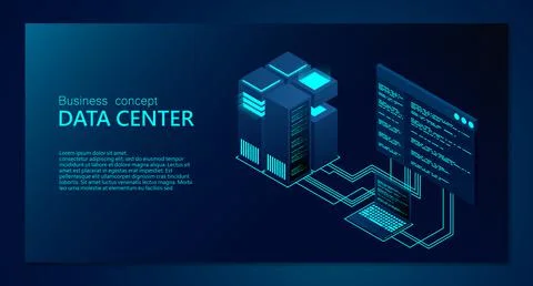 Concept of big data processing center. Isometric Data center. Isometric serve Stock Illustration