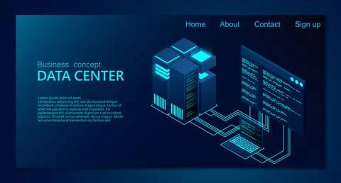 Concept of big data processing center. Isometric Data center. Isometric serve Stock Illustration