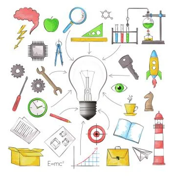 Concept of big idea in the form of bulb lamp with different objects Stock Illustration