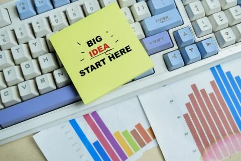 Concept of big idea start here write on sticky notes isolated on Wooden Table Stock Photos