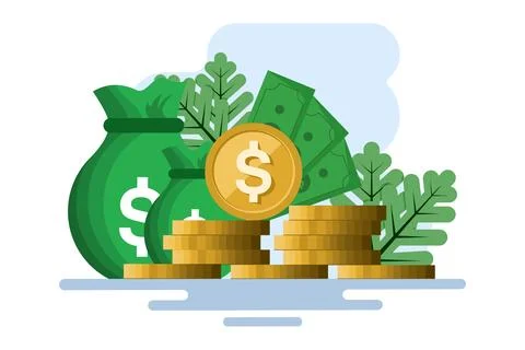 Concept of big stack or heap of gold coins and cash in sack Stock Illustration