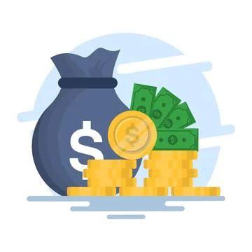 Concept of big stack or heap of gold coins and cash in sack Stock Illustration