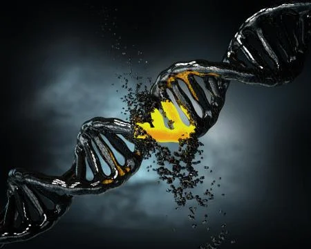 Concept of biochemistry with collapse dna molecule on blue background Stock Illustration