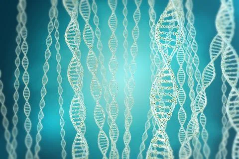 Concept of biochemistry with dna structure on blue background. 3d rendering Illustrazione stock