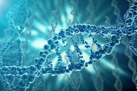 Concept of biochemistry with dna structure on blue background. 3d rendering Stock Illustration