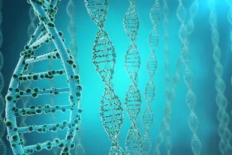 Concept of biochemistry with dna structure on blue background. 3d rendering Stock Illustration