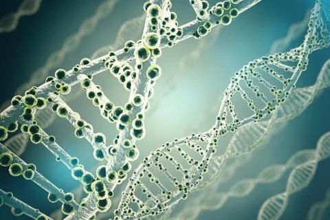 Concept of biochemistry with dna structure on blue background. 3d rendering 스톡 일러스트