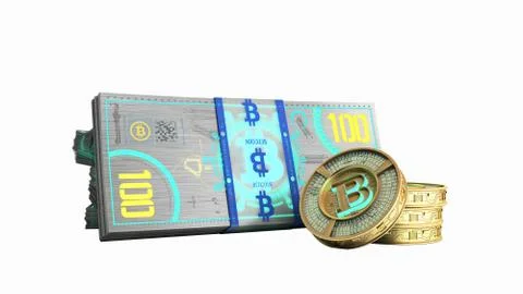 Concept of bitcoin banknote and monet virtual money bills 3d render on white  스톡 일러스트