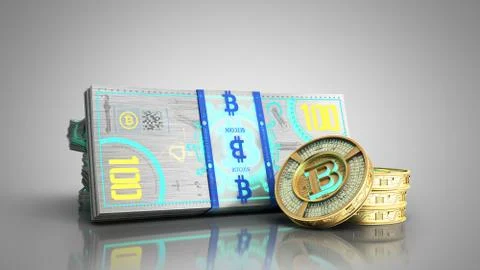 Concept of bitcoin banknote and monet virtual money bills 3d render on grey 스톡 일러스트