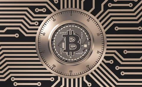 Concept Of Bitcoin Like A Electronic Security Lock On Printed Circuit Board Illustrazione stock