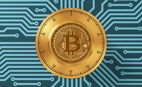 Concept Of Bitcoin Like A Electronic Security Lock On Blue Printed Circuit Board 스톡 일러스트