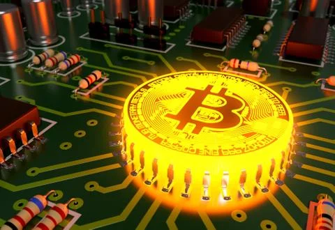 Concept Of Bitcoin Like A Hot Computer Processor On Motherboard イラスト素材
