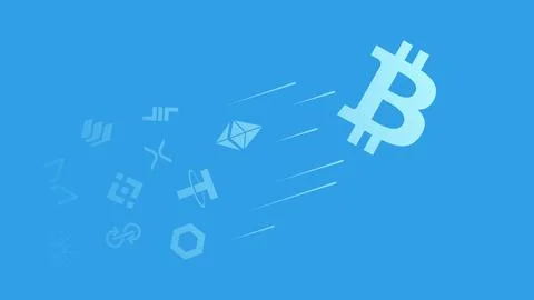 Concept Bitcoin leader of cryptocurrencies is flying ahead other coins on blue Illustrazione stock