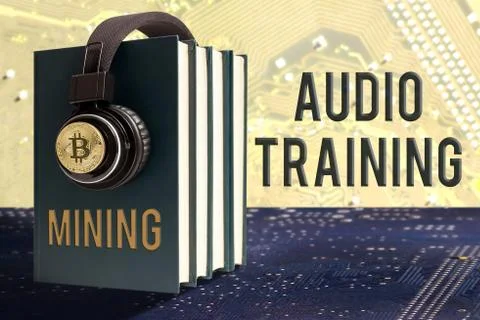 The concept of bitcoin mining audio training. Books with headphones on a back Stock Photos