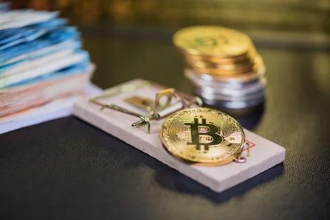 Concept of bitcoin in a  mouse trap. Risks and dangers of investing in the cr Stock Photos