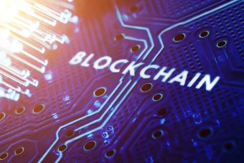 The concept of the block chain technology PCB. digital future 스톡 사진