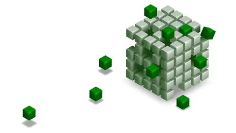 Concept blockchain defi, cube with dropped pieces symbolizing decentralization Stock Illustration