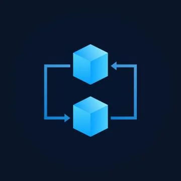 Concept blockchain icon - vector two blue cubes sign Illustrazione stock