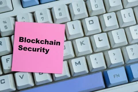 Concept of blockchain security write on sticky notes isolated on Wooden Table 写真素材