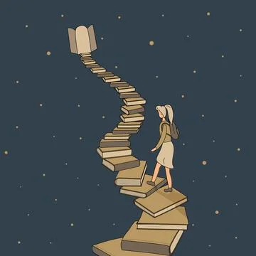 Concept: book or reading is source of knowledge.Tiny girl climb up Stock Illustration