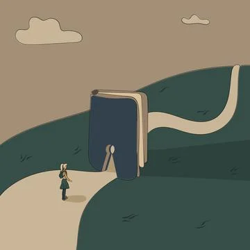 Concept: book is source of knowledge.Tiny girl stand on wide road Stock Illustration