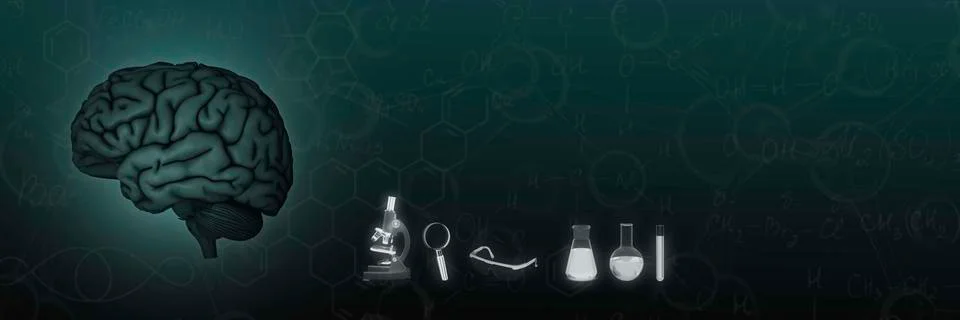 The concept of the brain. laboratory, glasses, microscope, flask, tests Illustrazione stock