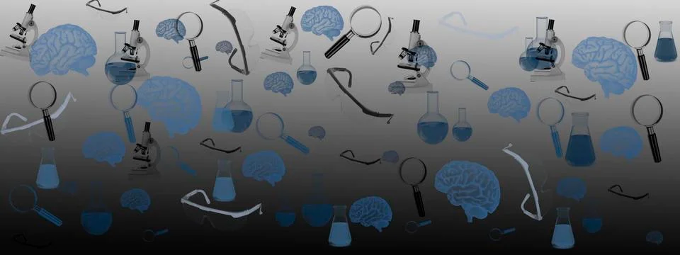The concept of the brain. laboratory, glasses, microscope, flask, tests Illustrazione stock