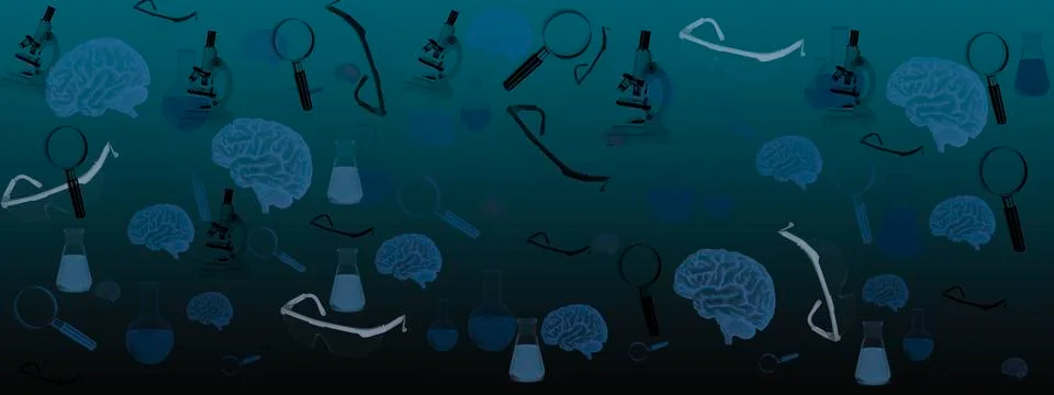The concept of the brain. laboratory, glasses, microscope, flask, tests Illustrazione stock