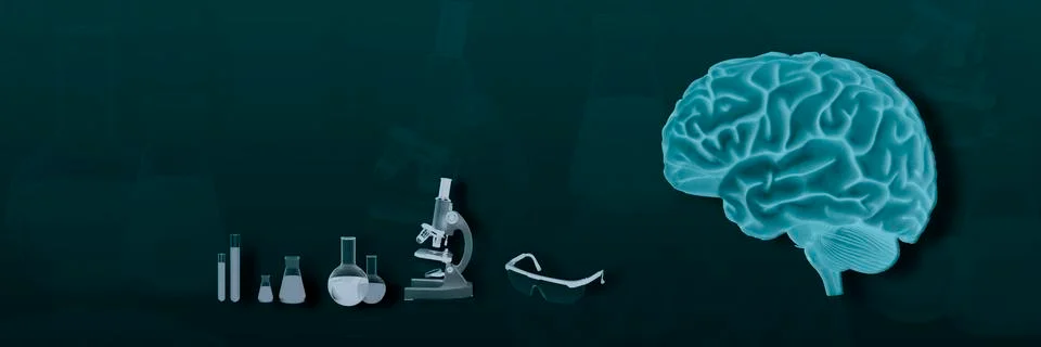 The concept of the brain. laboratory, glasses, microscope, flask, tests Illustrazione stock