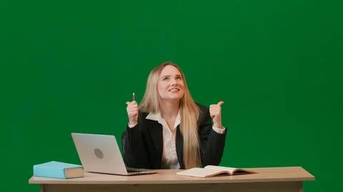 Concept of brainstorming and problem solving. Female portrait on green screen Stock Photos