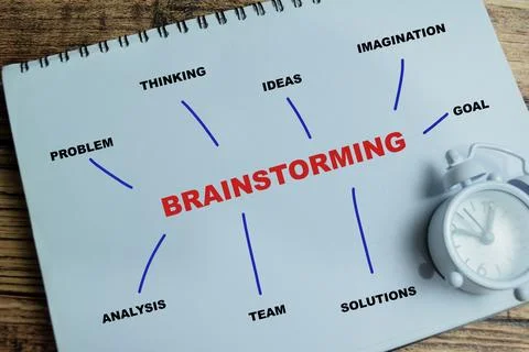 Concept of brainstorming with keywords write on book isolated on Wooden Table Stock Photos